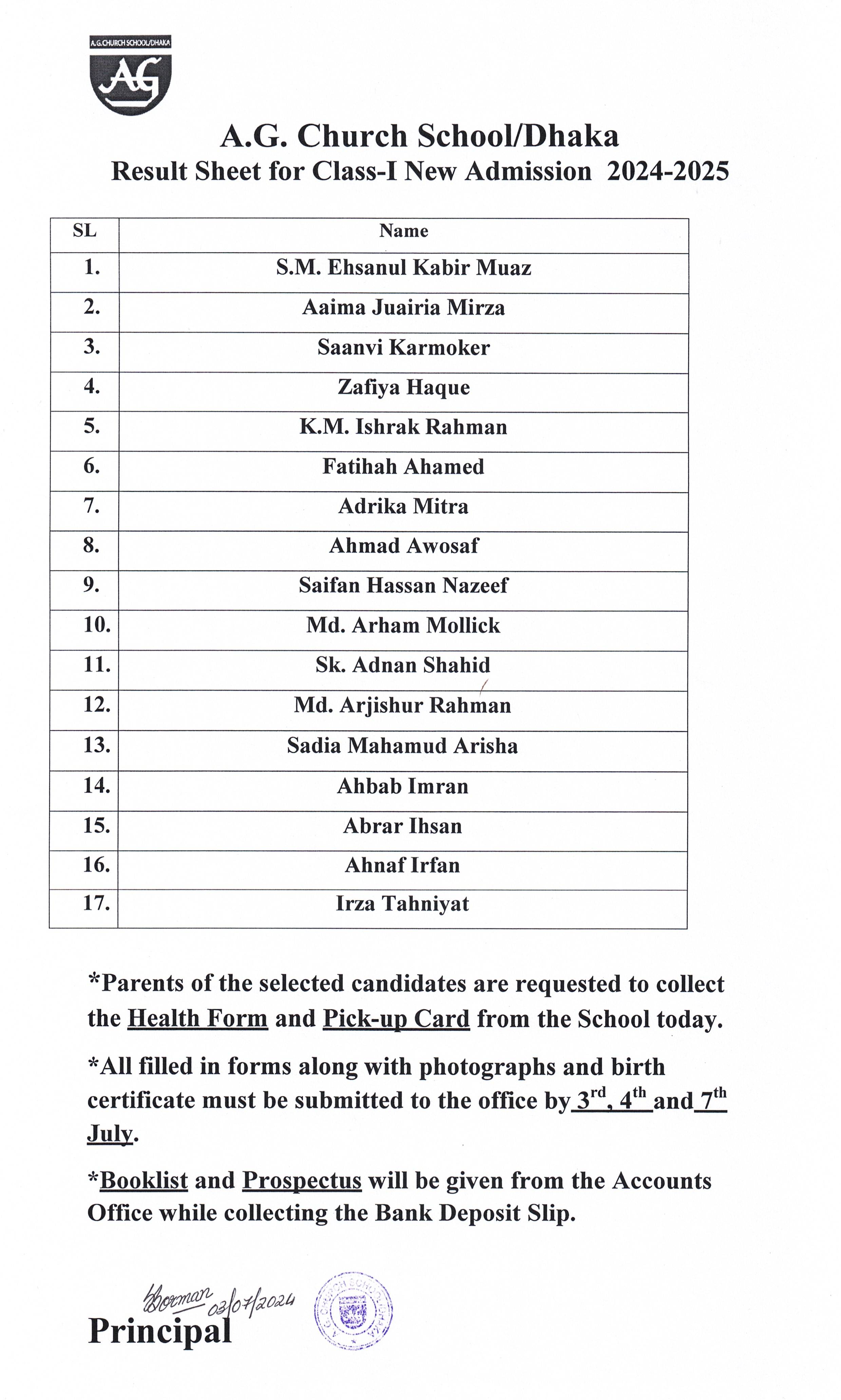 Result Sheet for Class-1 New Admission 2024-2025